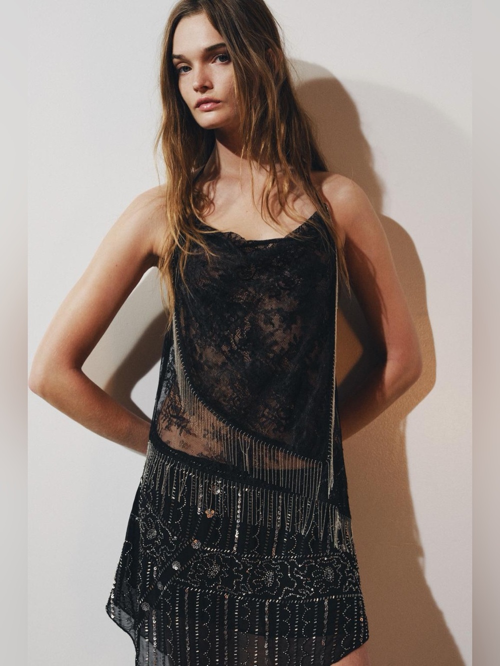 Zara Sheer Black Lace Halter Top with Stone Fringe Festival Coachella Style
